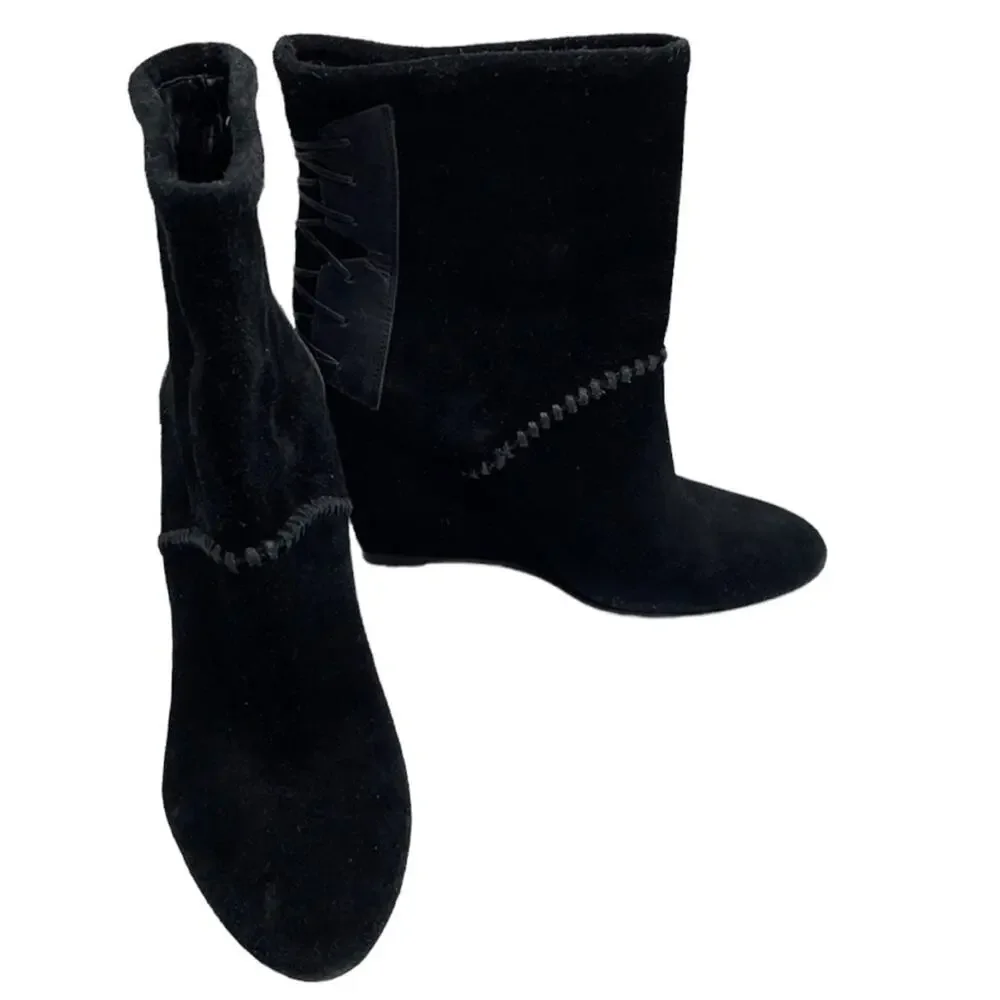 𝅺House of Harlow Sahara Black Suede Leather Lace Up Wedge Boots SZ 40 9.5
